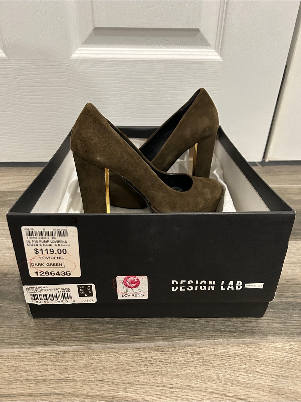 Design Lab Lord & Taylor Olive Suede Platform Pumps with Gold Block Heel